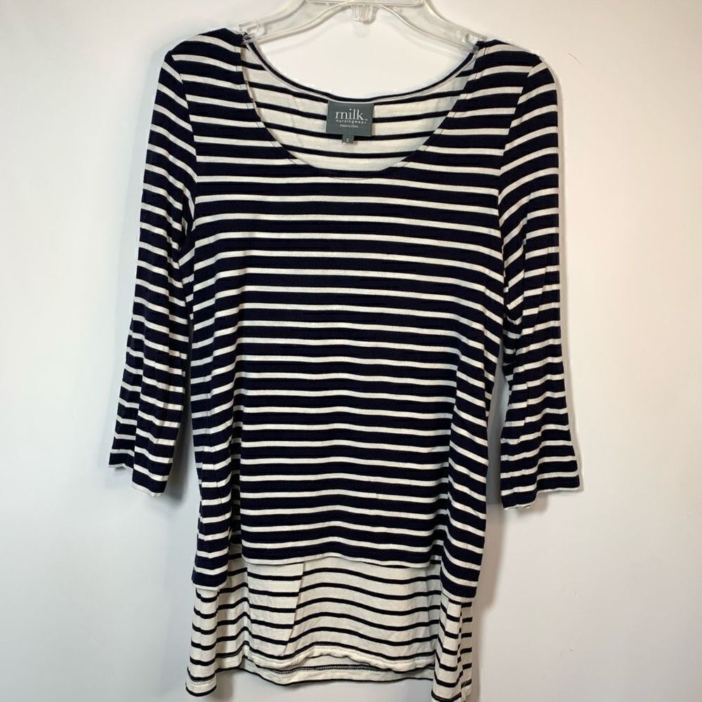 Milk Nursingwear Women's Pullover 3/4 Sleeve Striped Top Navy Blue & White Small